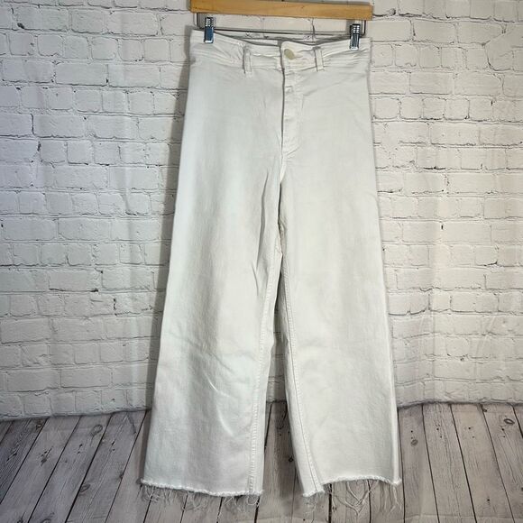 Zara Jeans Womens 8 White High Rise Waist Flared Raw Hem Wide Leg Pants - Picture 1 of 8